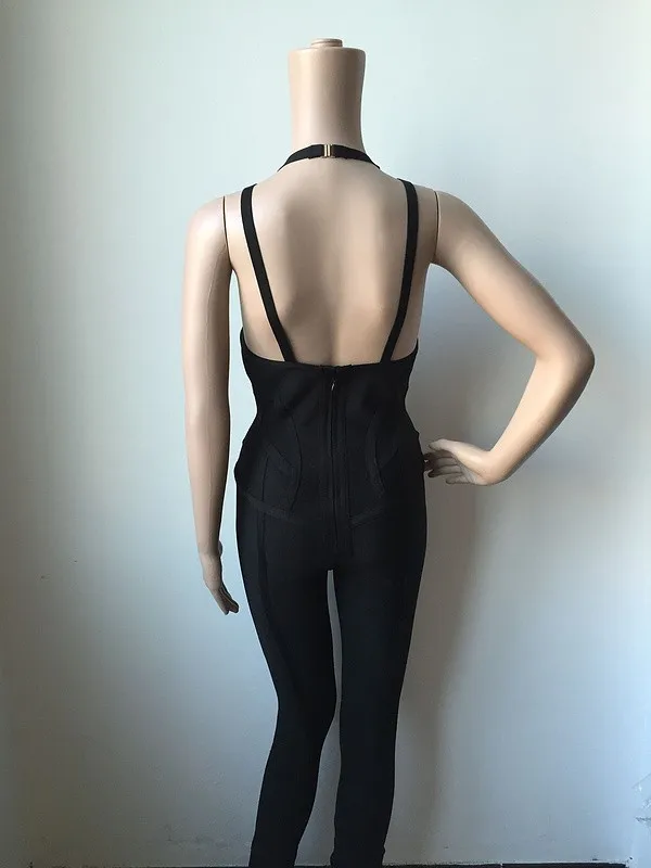 Оптовая продажа, женский летний однотонный сексуальный комбинезон с v-образным вырезом и открытой спиной, черный комбинезон с повязкой 2016