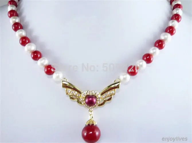 

~~ W&O655 >Genuine White Pearl Red Coral Yellow Gold Plated Crystal Eagle Pendant Necklace
