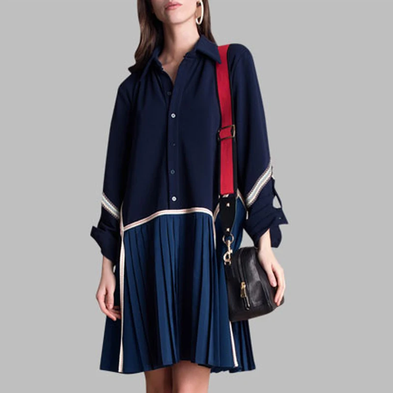 LANMREM новая однобортная темно-синяя плиссированная рубашка с отложным воротником платья S-XL женщин WF93517XL - Цвет: navy blue