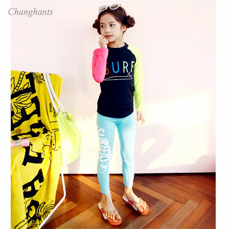 

2019 New Model 2-10T Girl Rash Guard child two piece Swimwear colorful Letter surf Kid Swimsuit swimming swim wear bathing Suit