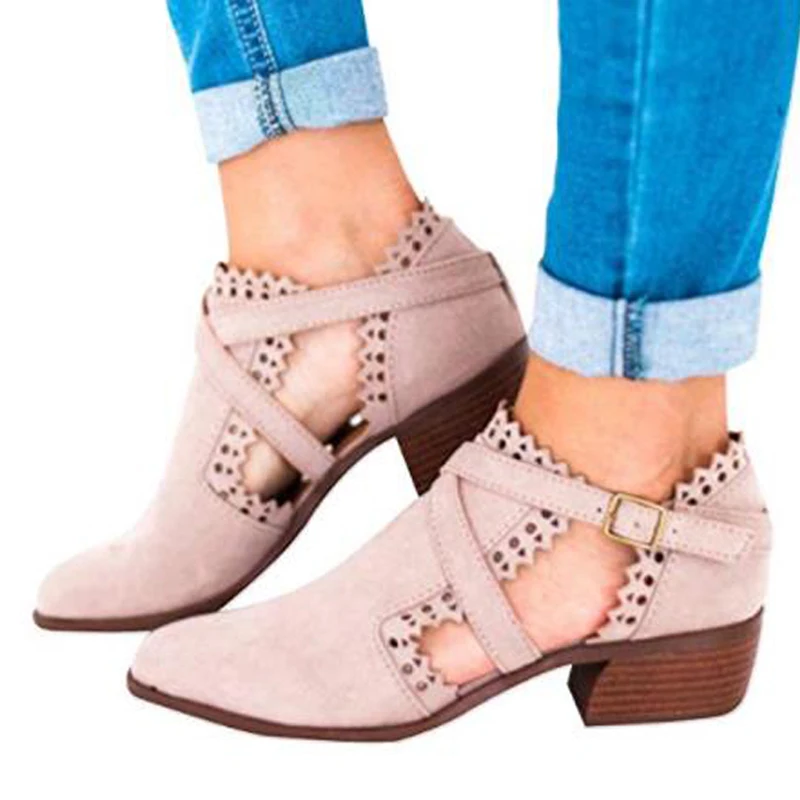 

2019 New Ladies Gladiator Short Boots Low Heel Thick With Carved Buckle Buckle Womens Boots Women's Shoes Large Size 35-43