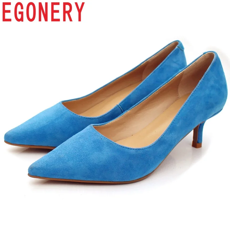 

EGONERY women shallow heels shoes 2019 spring new style real kid suede upper fashion pointed toe thin heel office ladies shoes