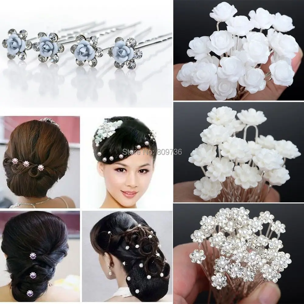 40Pcs Wedding Bridal White Flower Crystal Hair Pin For Women Silver 
