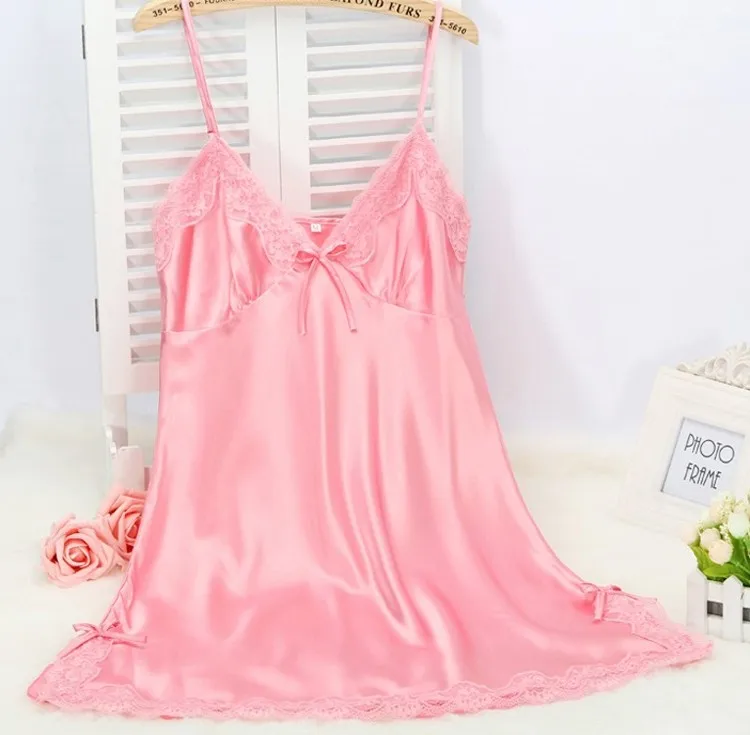 Ladies Sexy Silk Satin Night Dress Sleeveless Nighties V-neck Nightgown Solid Nightdress Lace Night Gown Sleepwear For Women 16