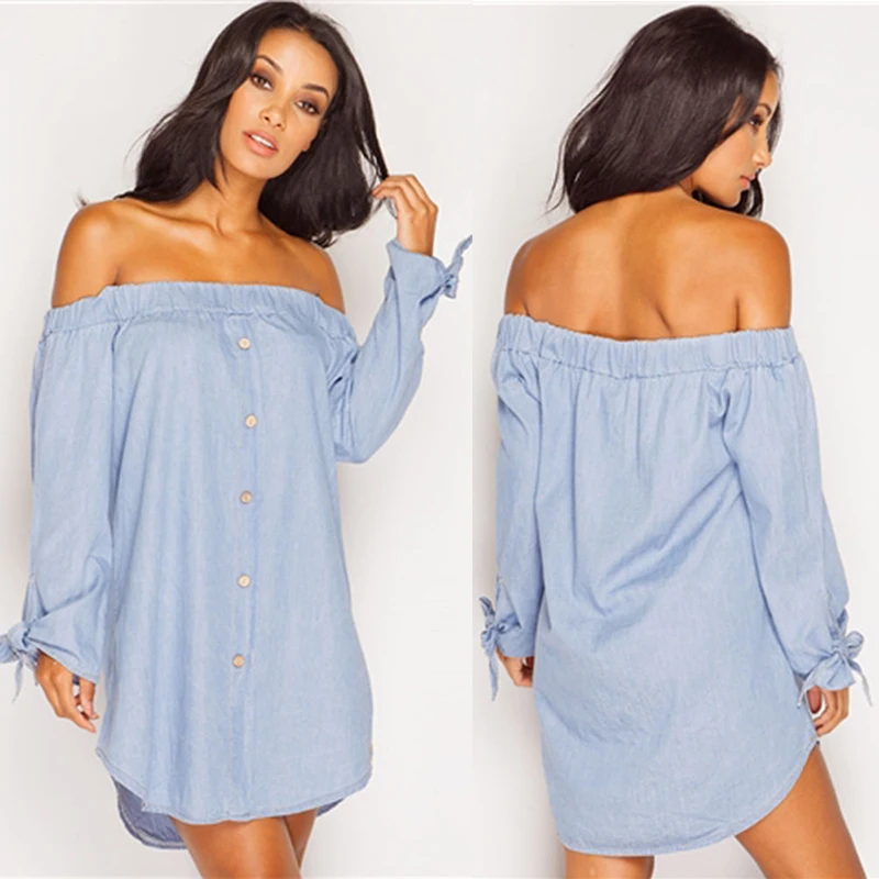 Fashion font b Women b font Off Shoulder Button Denim Shirt font b Dress b font
