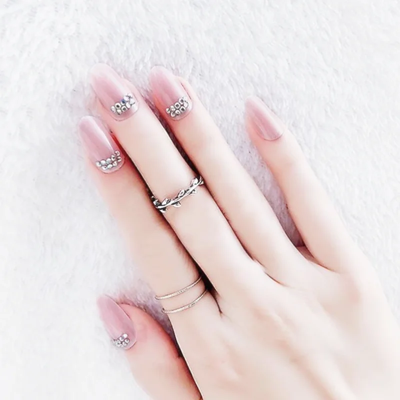 

24pcs Pink Oval Fake Nails With Diamond Decoration Glossy Rounded Nail False For Girls Acrylic Impress Press On Fingernails