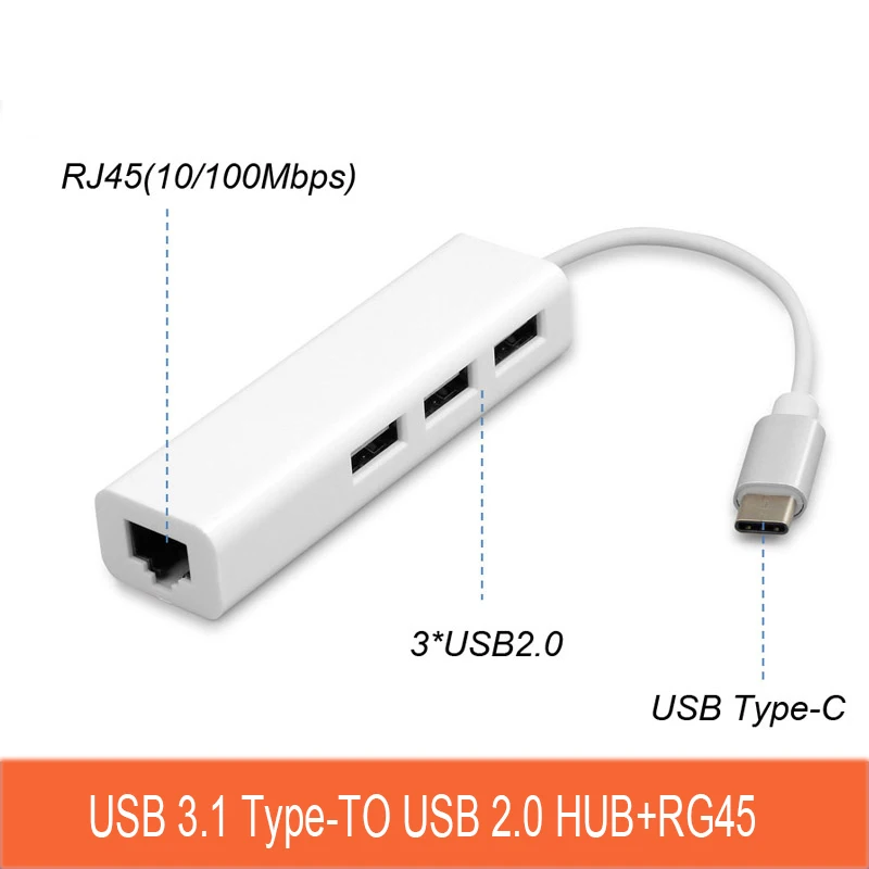 

USB Type-C To 3 Ports USB2.0 Hub with RJ45 Ethernet LAN Port USB-C OTG Adapter for Apple Air pro Mobile Chromebook XPS