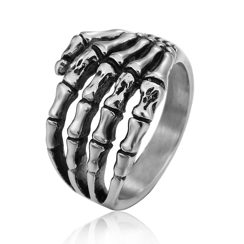 Stainless Steel Skeleton Hand Charm Men's Party Finger Rings Fashion Rock Punk Cool Jewelry for