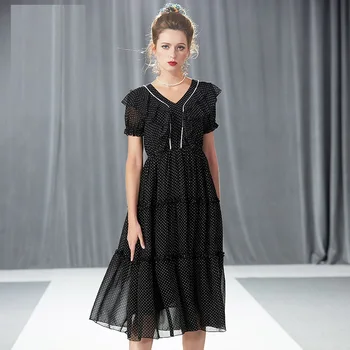 

Summer polka dot elegant long Dress ladies puff sleeve empire V neck dress cascading ruffles beach longos vestidos Plus Size5XL