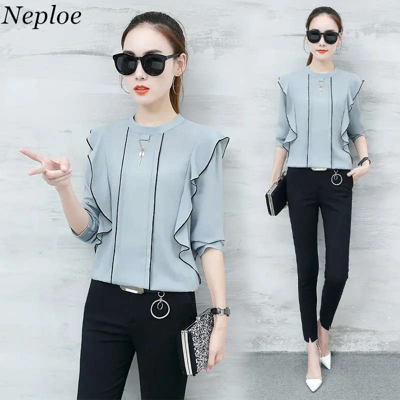 Neploe Fashion Women Chiffon Blouse Spring Autumn New Arrivals Ruffles Patchwork Shirts Long Sleeve Ladies Blusas 66692 |