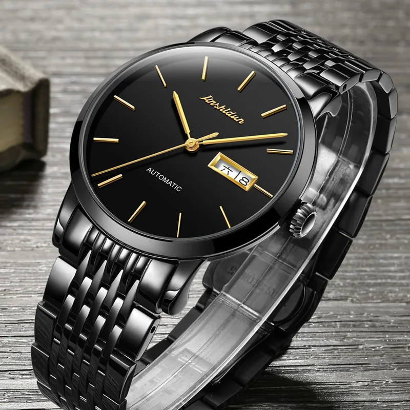 Автоматические часы для мужчин, роскошный бренд, известный JSDUN, высокое качество, Move, Мужские t часы, relogio masculino, водонепроницаемые часы erkek kol saati - Цвет: Steel All black