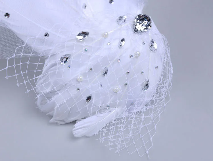 JaneVini/модные белые свадебные шапки для женщин, сетчатая шапка из бисера и перьев, фатиновая вуаль для невесты, головной убор, Tocados De Novias