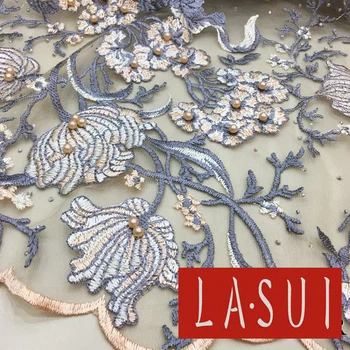 

LASUI 2017NEW 2 colors Heavy beads sequins +Shiny diamond ornaments 3D Embroidery mesh lace fabric DIY evening dress X0269