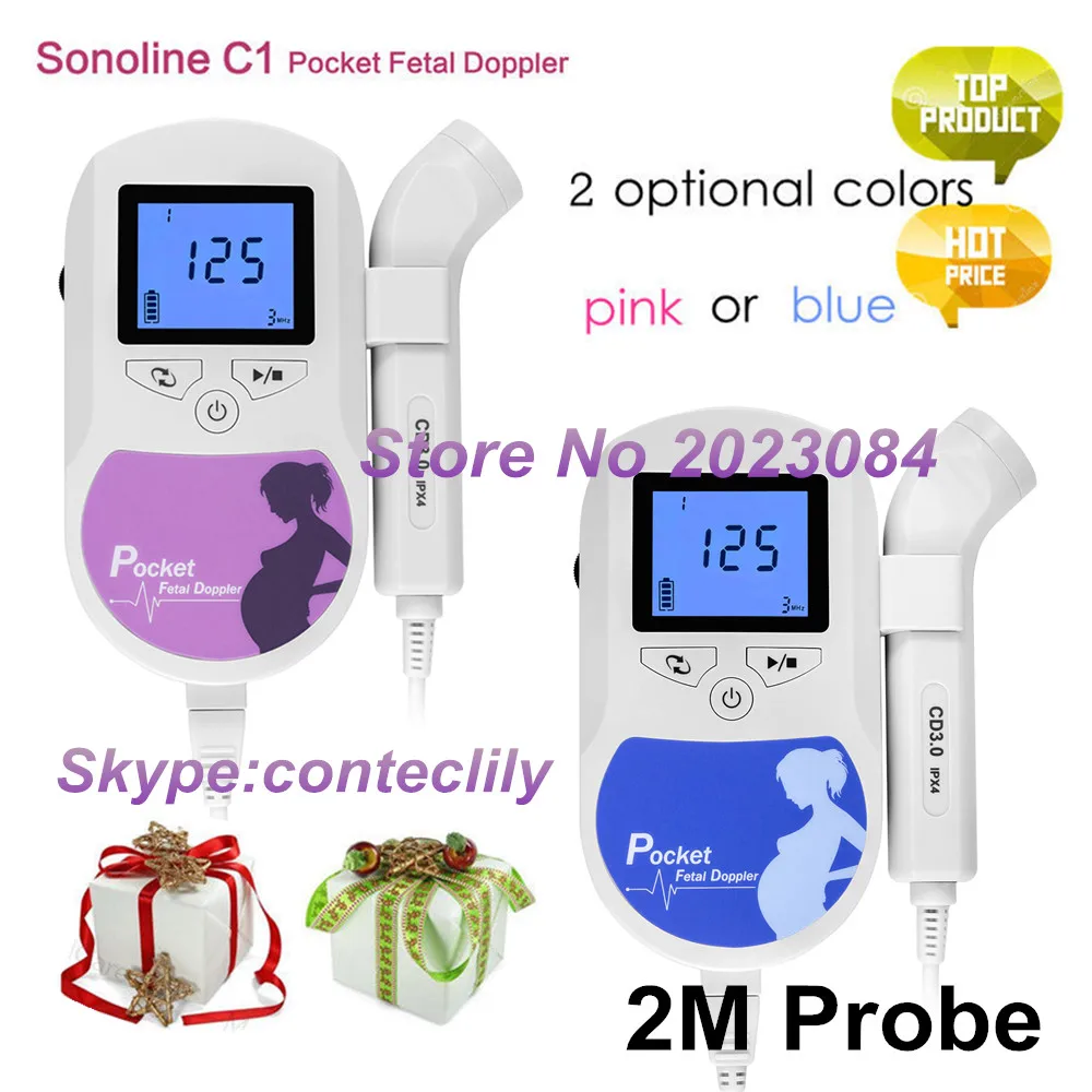 

Handheld Pocket Fetal Doppler LCD Screen Sonoline C1 2M Probe+ Free Gel Home use Pink or Blue Color