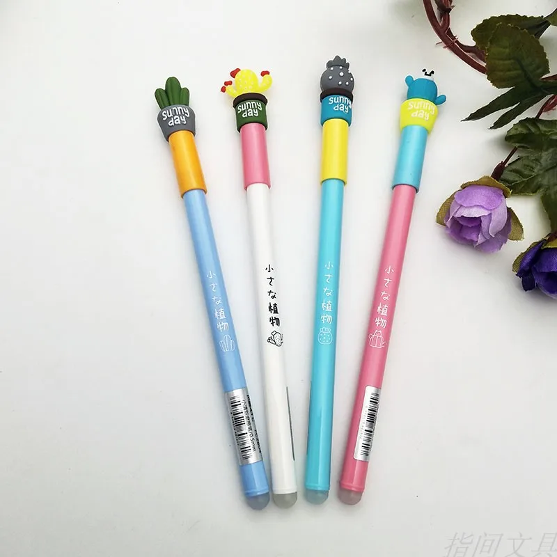4Pcs/Set 0.5mm Green Plant Erasable Pen Cactus Gel Pen Blue Ink Magic