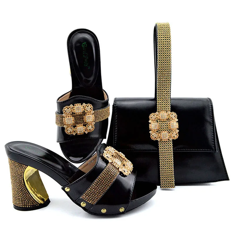 

New Arrival Black Color African Women Matching Italian Shoes and Bag Set Decorated with Rhinestone Italian Ladies Shoe and Bag