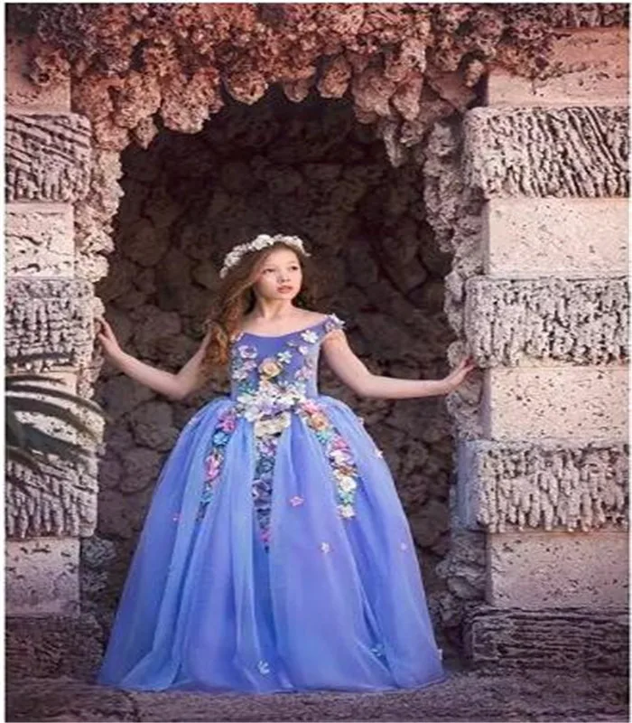 Beautiful Purple Flower Girls Dresses with Hand Made Flower Appliques Sleeveless Kids Formal Wear For Wedding Girl Pageant Gown