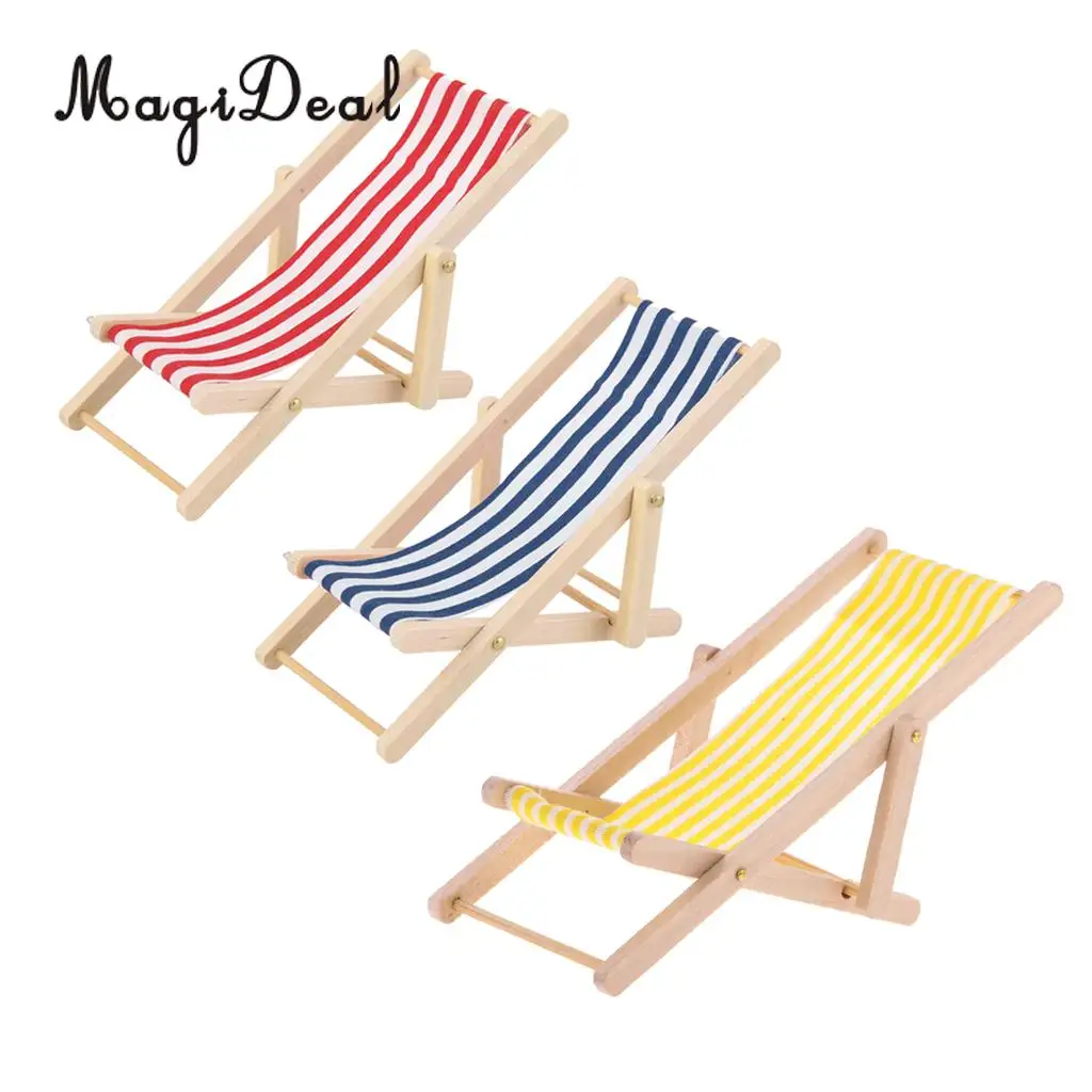 MagiDeal Striped Deck Beach Chair for 1/12 Dollhouse Fairy Garden Blue+Red 