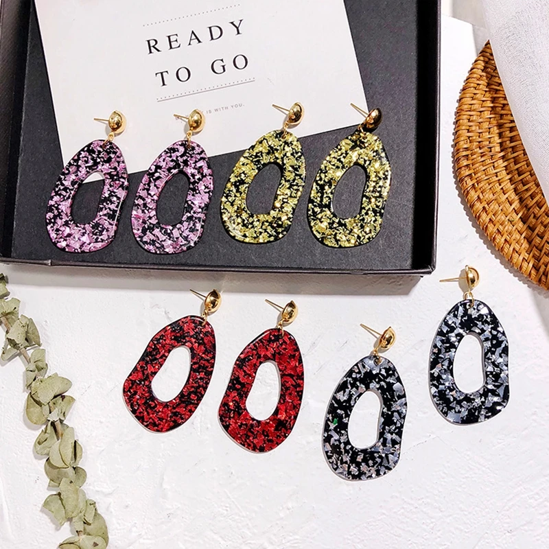 

Vintage Hollow Geometric Irregular Drop Earrings Yellow Red Purple Silver Color Acrylic Dangle Earrings For Women Jewelry Gift