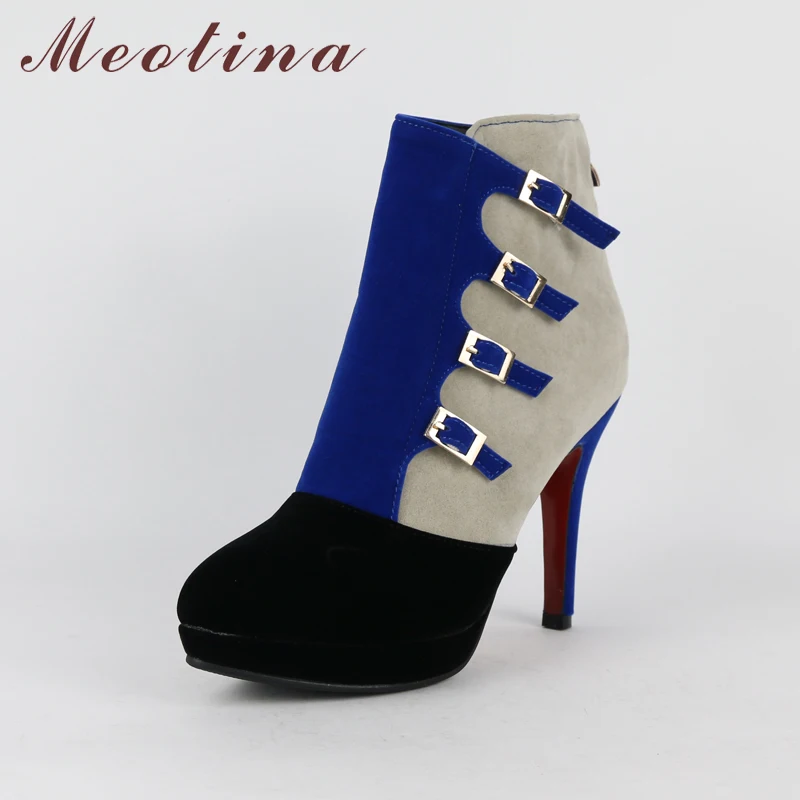 Meotina/Женские Ботинки Зимняя обувь ботинки на высоком каблуке с пряжкой ботильоны Осенняя женская обувь на молнии размера плюс 9, 41, 42, синий, черный, красный цвета