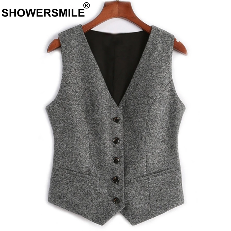 

SHOWERSMILE Woolen Suit Vest Womens England Style Waistcoat Plus Size 3XL Spring Autumn Sleeveless Jacket Ladies Gilet