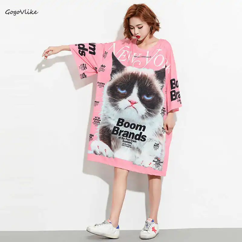 

Pink Cat Print Shirt Dress 2019 Brand New Summer Women Clothing Short Sleeve Vestidos Oversized Dresses for Gril LT054S30