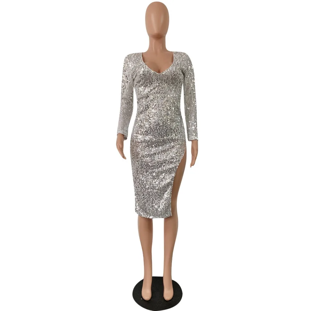 Sexy Sequined dress Women Spring Autumn 2019 long-sleeved V-neck high open banquet dress female hot women Night Club party dress  (6)