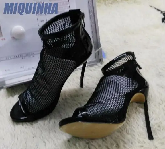 MIQUINHA Sexy Mesh Leather Women Peep Toe Ankle Boots Blade High Heel Ladies Gladiator Boots Zipper Back Female Party Boots