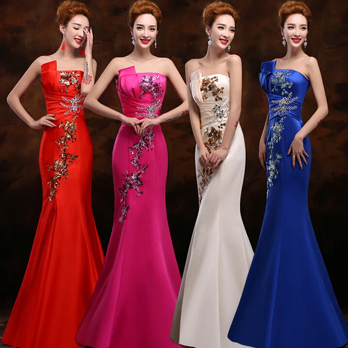 

ladies red blue long vintage mermaid bridesmaid women satin bridemaids dresses xl tight formal tailored dress free shipping