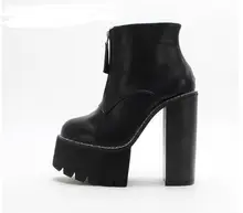 

New Spring Runway Front Zip High Heel Boots 2018 Round toe Black Leather Ankle Boots for Woman Sexy Platform Thick Heels Boot