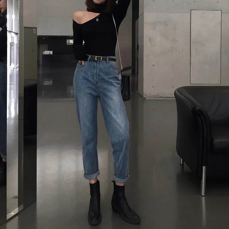 

New High-waisted Wide-legged Loose Jeans Turnips Straight Tubs Retro Thin Curls Dad Pants 2019 Zipper Fly High Waist Jeans
