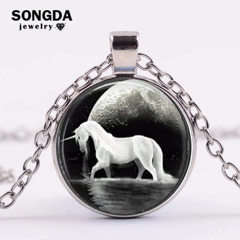 

SONGDA Fashion Unicorn Horse Pendant Necklace White Horse Animals Painting Glass Cabochon Necklace Choker for Girl Women Jewelry