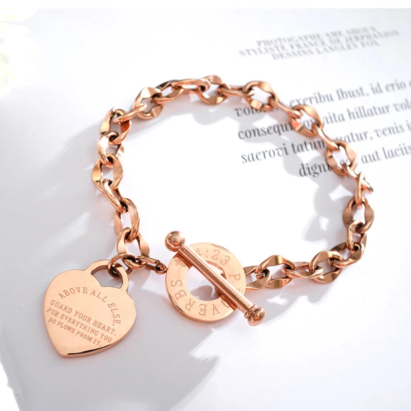 

D&Z Love Heart Bible Proverb 4:23 Charm Bracelet For Women Religion Stainless Steel Chain Link Bracelets Girl Jewelry