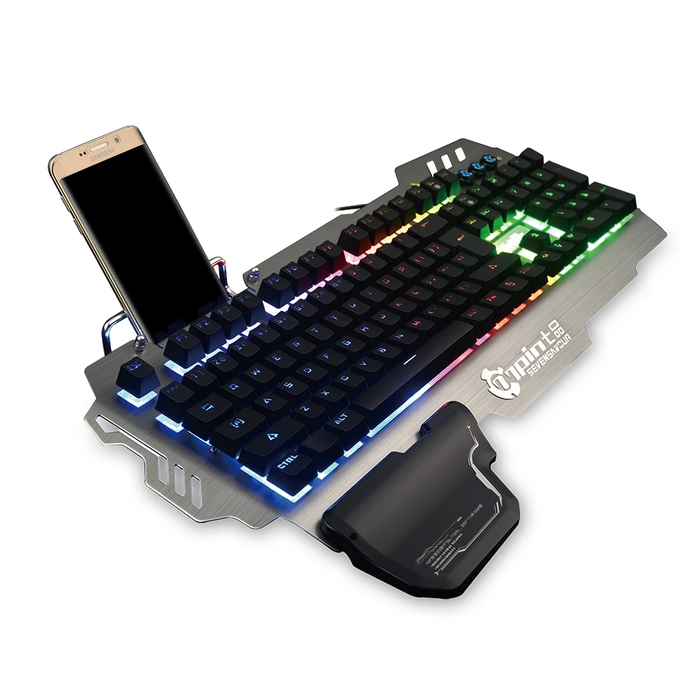 

7pin PK900 Blacklit Mechanical Gaming Keyboard 104 Keys Blue Switch LED Backlight for Pro Gamer with Tablet PC Phone Holder