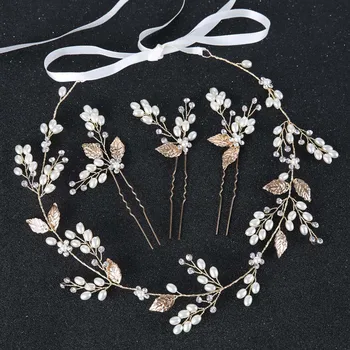 

Exquisite hair Jewelry With Hairpins Sets Gold Leaf Hairband bride Wedding Hair Ornaments crystal Pearl Headdress headband pins