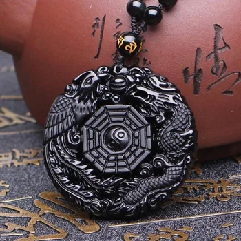 

Wholesale Obsidian Pendant Eight Diagrams Dragon and Phoenix Auspicious Sweater Chain Jewelry Twelve Zodiac Lovers Necklace