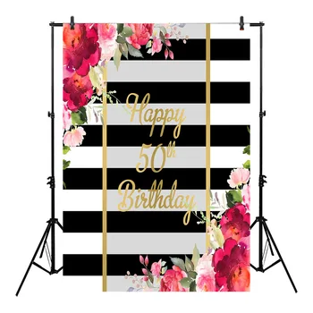 

White and Black Stripes Backdrop Happy 50th Birthday Theme Photographic Background Party Banner Decoration Red Flowers