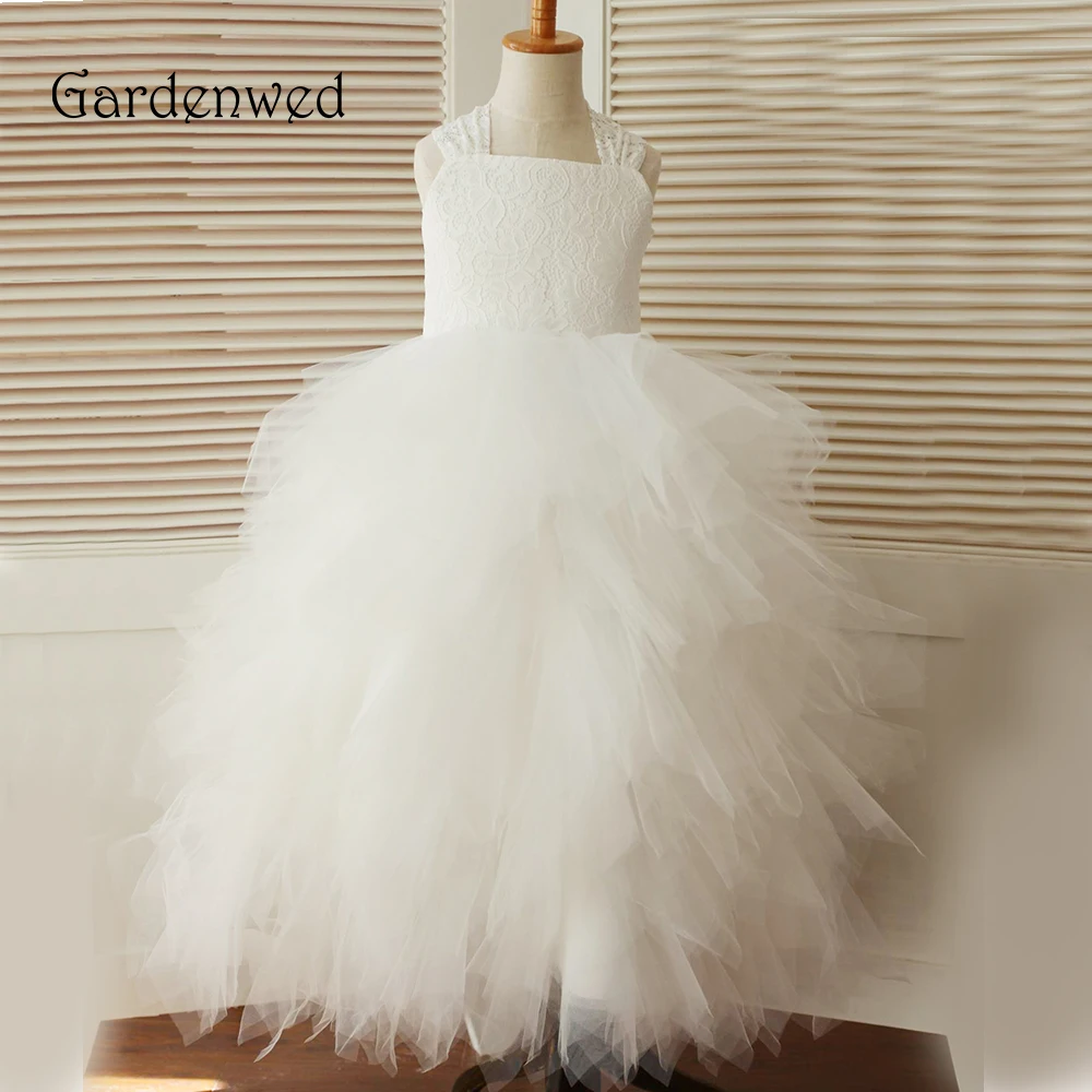 

Gardenwed 2019 Ball Gown Floor Length Flower Girl Dresses White Lace Tiered Puffy Little Girls Kids Dress for Wedding