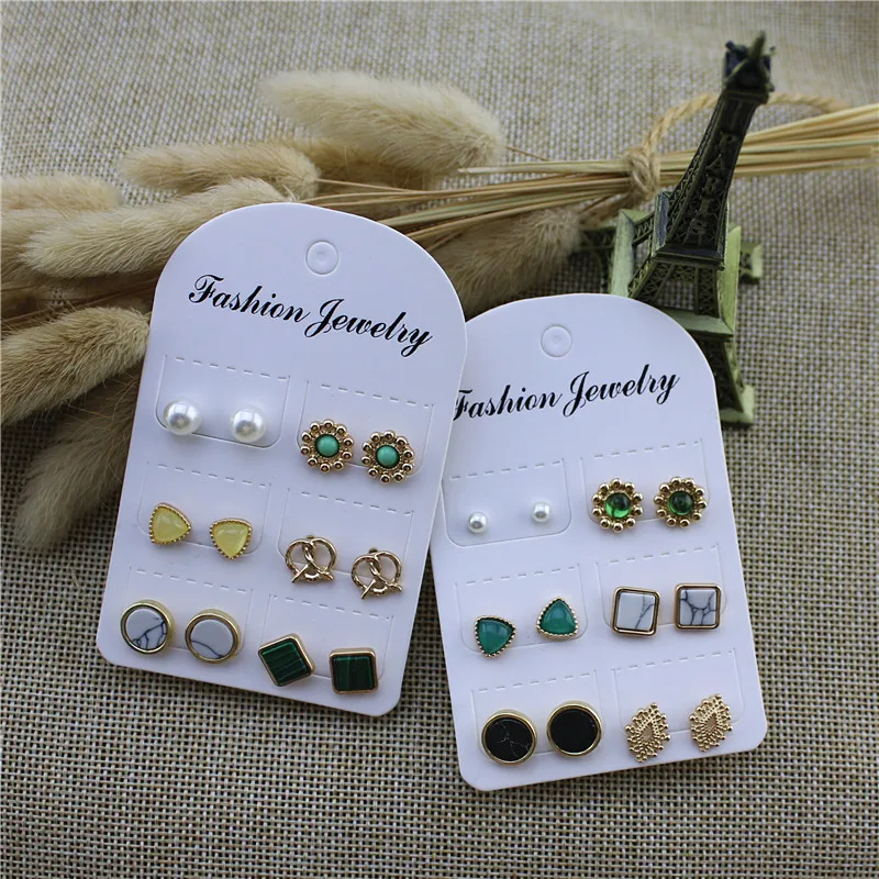 

European and American style Sunflower triangle inlay Stone geometric personality Six pairs of combined stud earrings