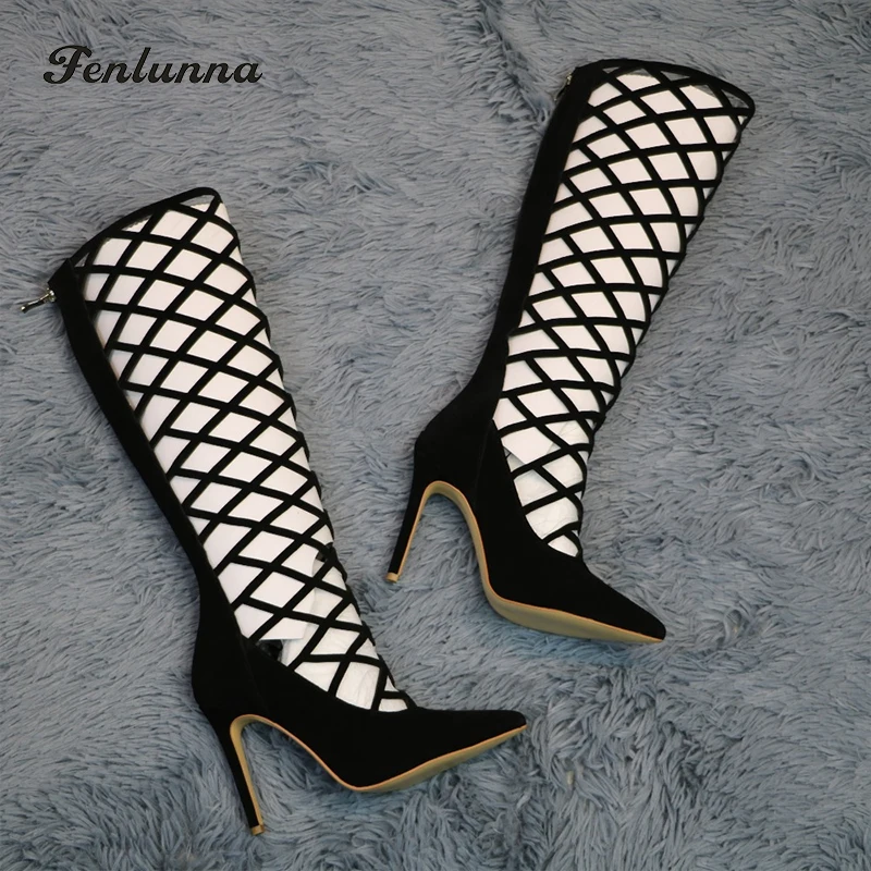 

Women Boots Sexy Real Leather Knee High Gladiator Cow Suede Hollow Out Shoes Ladies Brand Party Custom Size 42