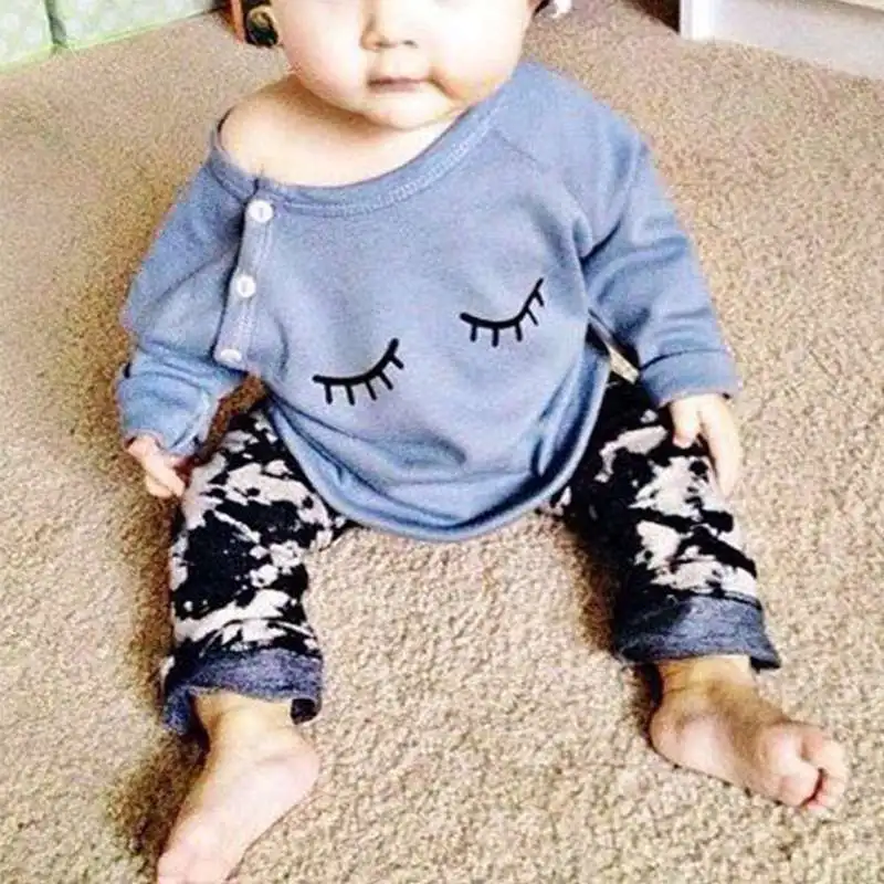 Spring Infant Baby Girls Clothes Cute Cotton Blend Long Sleeve Eyelash T-Shirt Pants Outfits Cute Kids Clothing 2pcs/Set