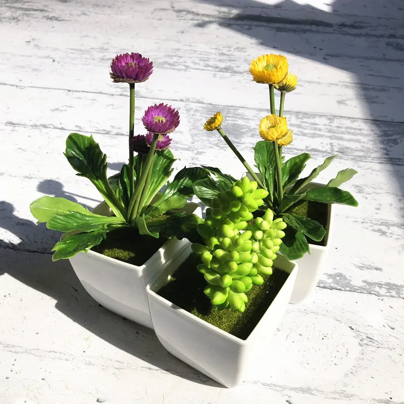 

Artificial Succulent Plant Yellow Dandelion With Vase Plastic Daisy Flower Bonsai Plant Table Decoration Greenery Free Shipping