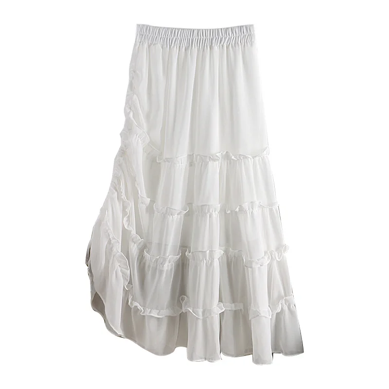 Белая черная эластичная юбка миди с завышенной талией, расклешенная трапециевидная шифоновая юбка для женщин, винтажная Женская юбка со