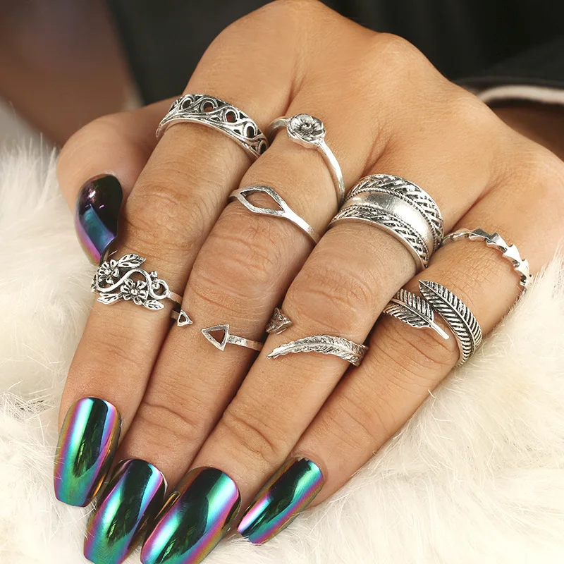

Trend Bohemian Knuckle Rings for Women Geometric Vintage Leaves Totem Rings Set Alloy Jewelry Accessories Yuzuk
