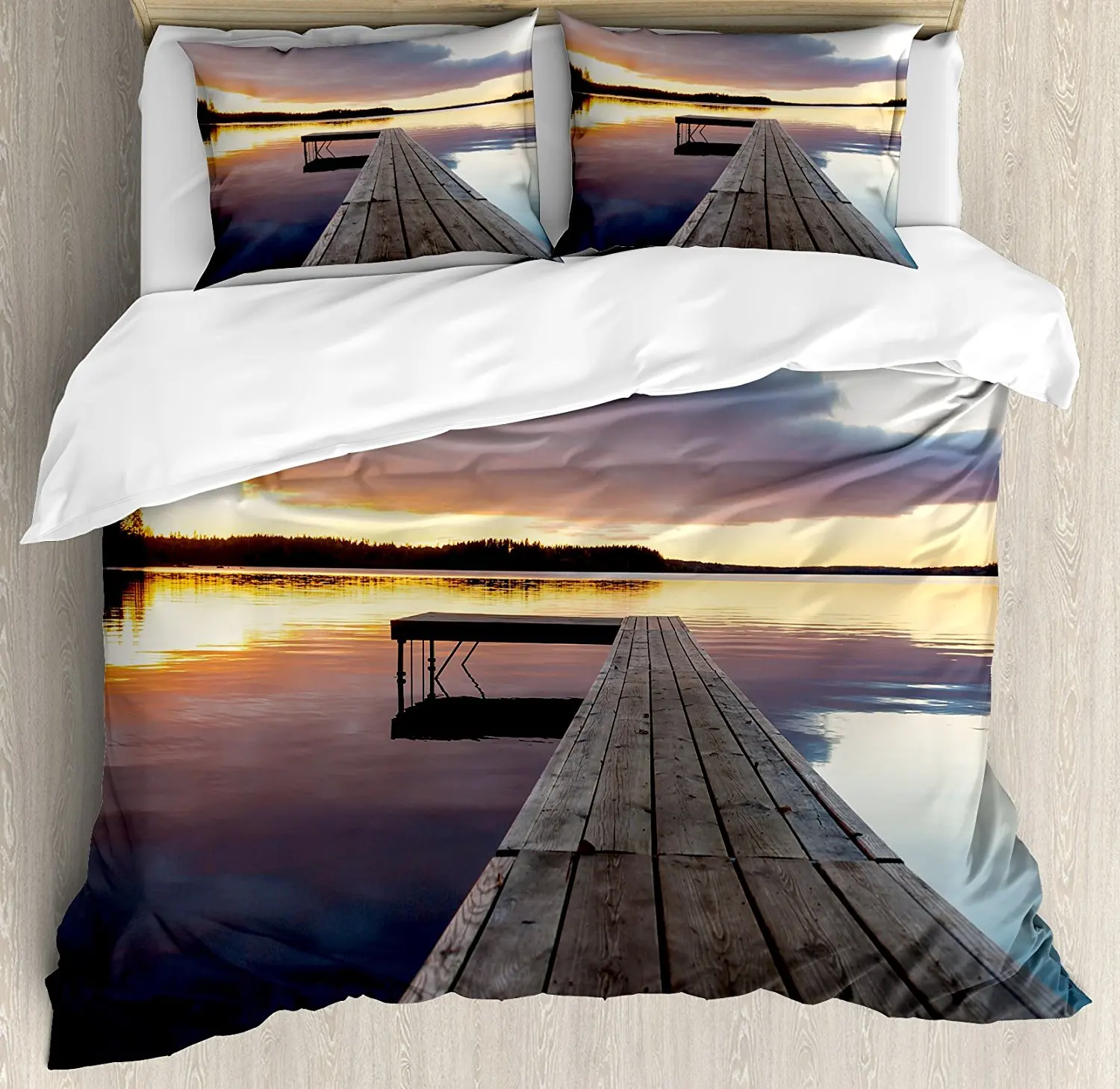

Landscape Duvet Cover Set Serenity Relaxing Themed Port Pier Wooden Rustic Image of Dawn Sunset in Lake Art Bedding Set