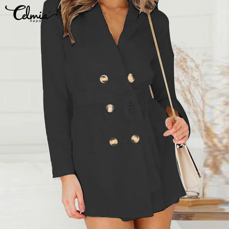 

Celmia 2019 Autumn Mini Dress Women Business Suit Long Sleeve Double Breasted Elegant Office Work Dress Plus Size Vestidos Belt
