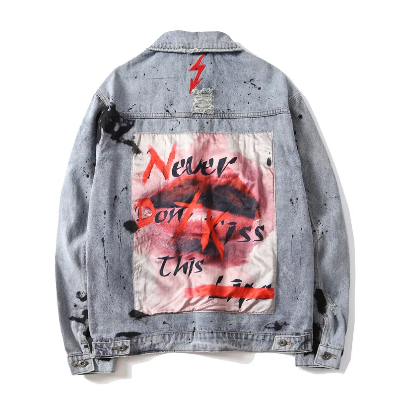 

ABOORUN Hi Street Mens Oversized Denim Jackets Hip Hop Painted Patchwork Jeans Jackets Streetwear Autumn Coat for Male x1349
