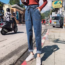 Большие размеры Модные отбеленные женские джинсы винтажные с высокой талией Полная Длина Свободные бойфренды женские джинсы с эластичной талией джинсовые брюки