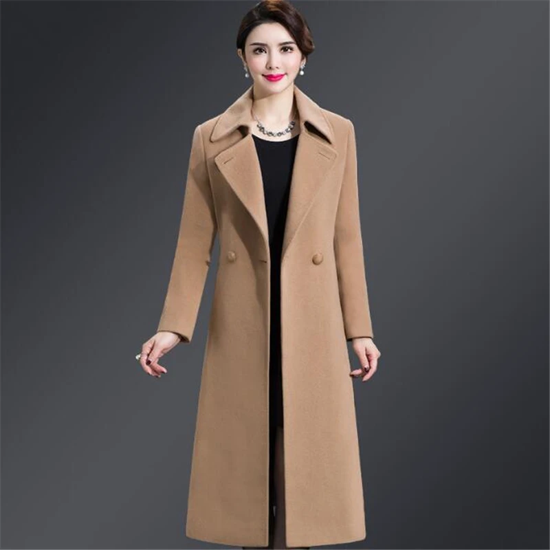 Winter Women Dress European Wool Coat Large Size Women Clothes Solid Color Long Sleeves Slim Medium Long Korean Version Overcoat