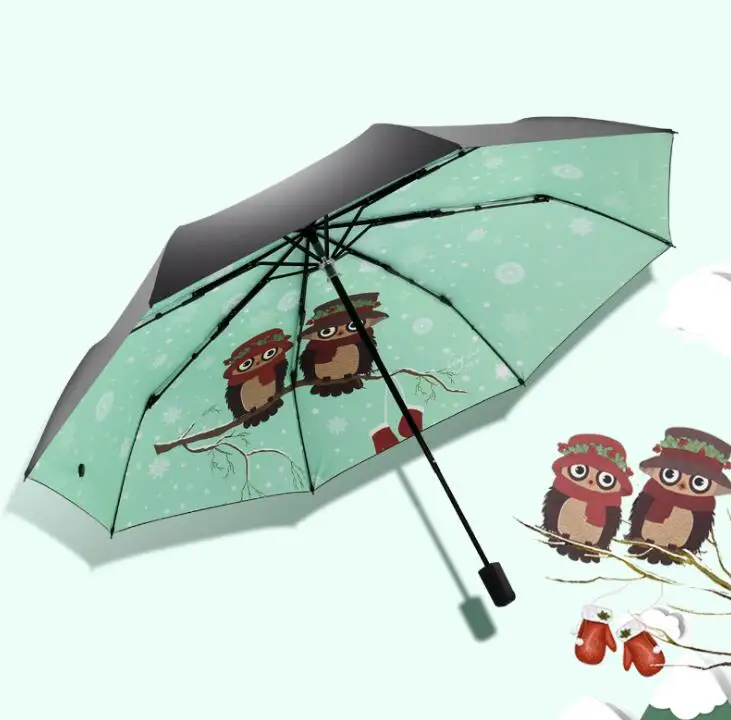 TECHOME, трехслойный Зонт от дождя и солнца с совой, Женский Черный солнцезащитный козырек, водонепроницаемый зонтик, зонт с милым животным